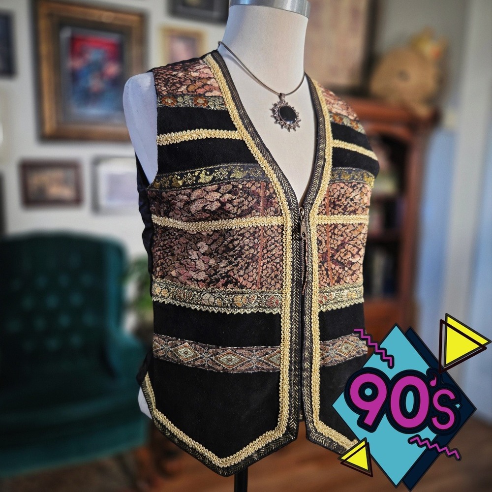 Vintage 90s Gantos Suede Tapestry Vest Womens Medium Black‎ Gold Zip Front